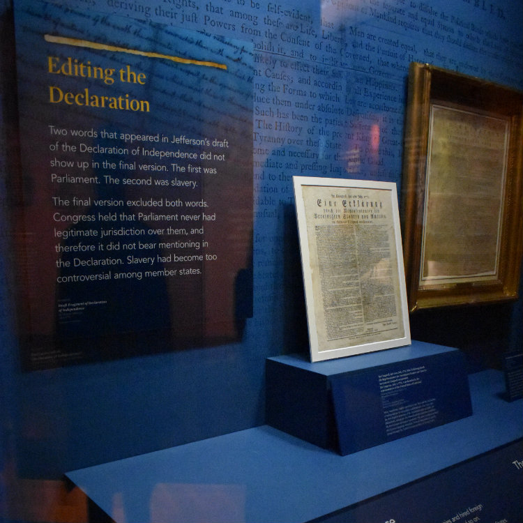Pictured is exhibit featuring the College’s German-language Declaration of Independence.